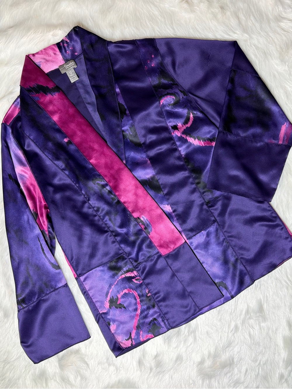 Chico's Travelers Collection Purple Pink Abstract Satin Open Front Blazer Size 0